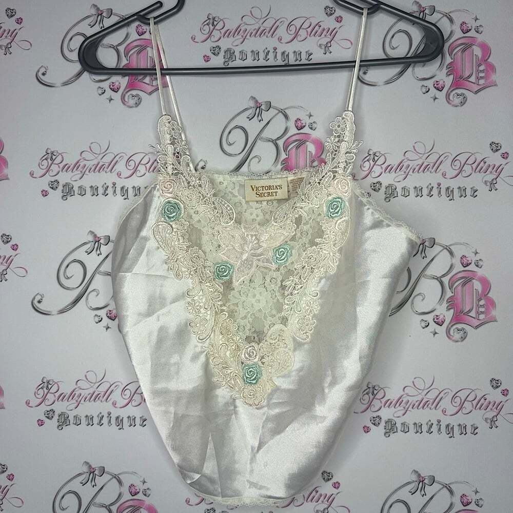 Victoria’s Secret tank top vintage gold label lace floral cream shiny flowers